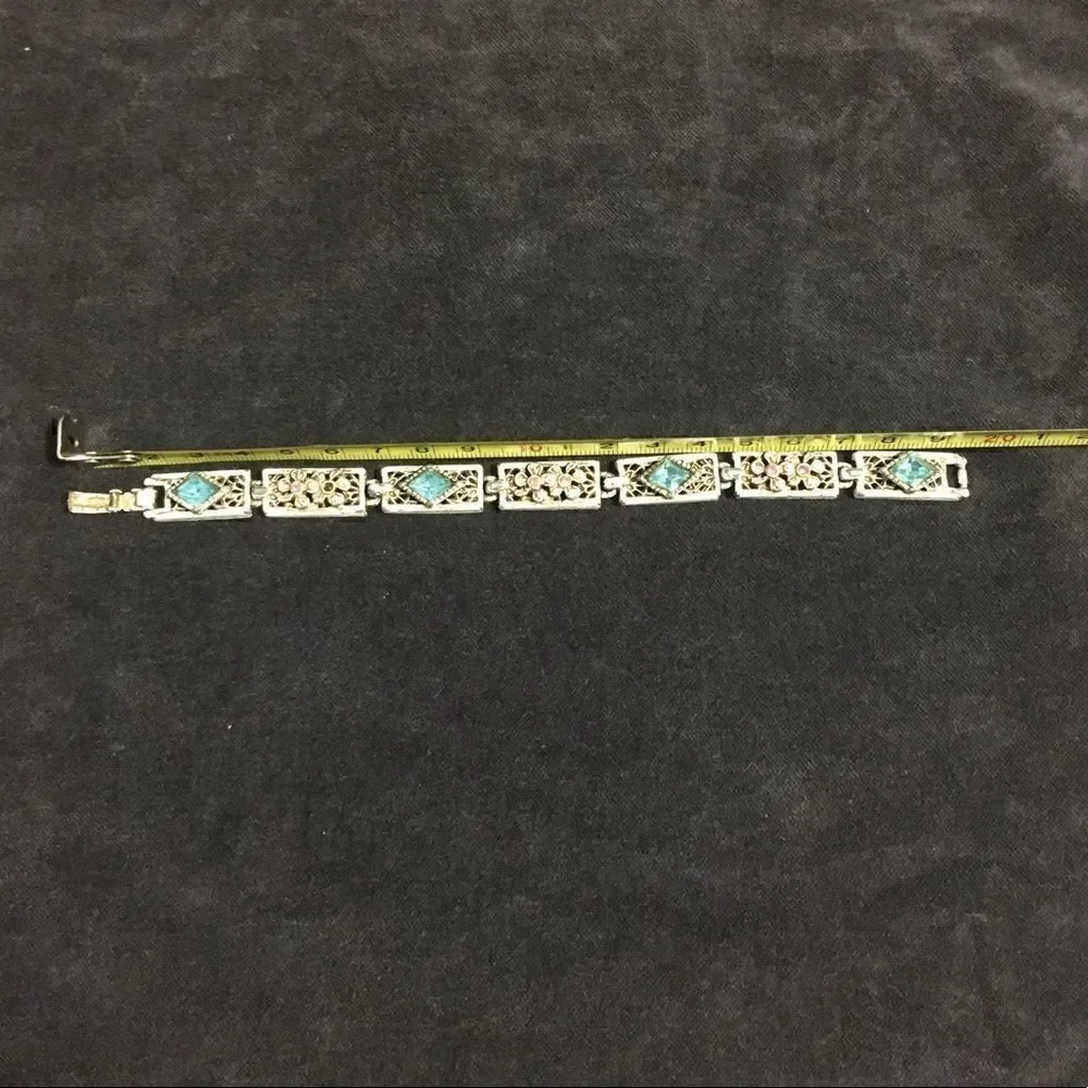 Vintage Bracelet, Raised Flowers, White Wash Distressed Style with Rhinestones